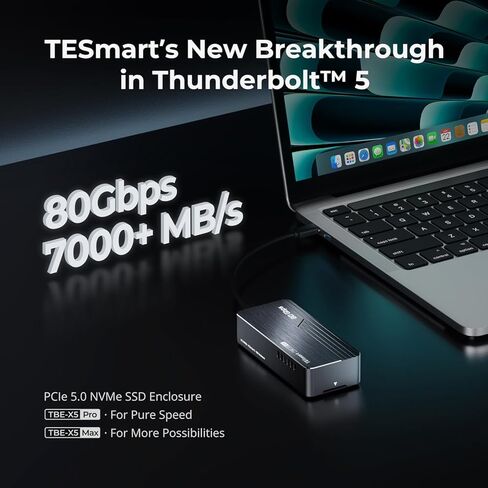 حاوية TESmart 80Gbps M.2 NVMe SSD مع شريحة JHL9480، PCIe 5.0 SSD | متوافق مع Thunderbolt 5/4/3/USB4 v2/USB4، التبريد الذكي | 8 تيرابايت ماكس | وحدة تخزين خارجية عالية السرعة تبلغ 7000 ميجابايت/ثانية (TBE-X5PRO) in Kuwait