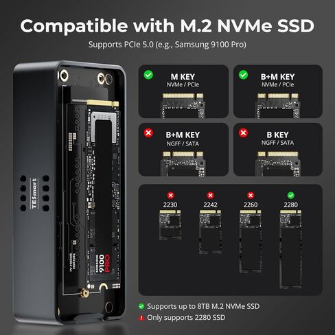 حاوية TESmart 80Gbps M.2 NVMe SSD مع شريحة JHL9480، PCIe 5.0 SSD | متوافق مع Thunderbolt 5/4/3/USB4 v2/USB4، التبريد الذكي | 8 تيرابايت ماكس | وحدة تخزين خارجية عالية السرعة تبلغ 7000 ميجابايت/ثانية (TBE-X5PRO) in Kuwait