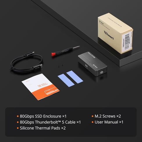 حاوية TESmart 80Gbps M.2 NVMe SSD مع شريحة JHL9480، PCIe 5.0 SSD | متوافق مع Thunderbolt 5/4/3/USB4 v2/USB4، التبريد الذكي | 8 تيرابايت ماكس | وحدة تخزين خارجية عالية السرعة تبلغ 7000 ميجابايت/ثانية (TBE-X5PRO) in Kuwait