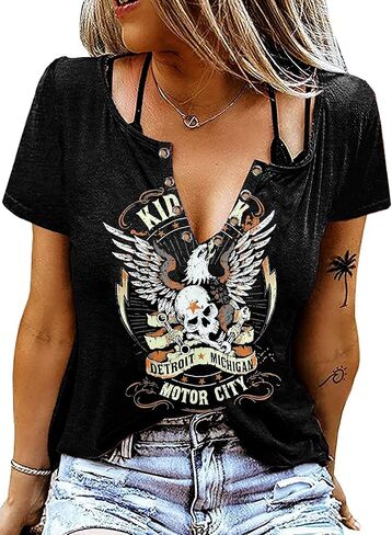 تي شيرت نسائي عتيق لحفلات موسيقى الروك رول قميص فضفاض غير رسمي تي شيرت مضحك بهيكل عظمي النسر ورقبة على شكل حرف V وأكمام قصيرة in Kuwait