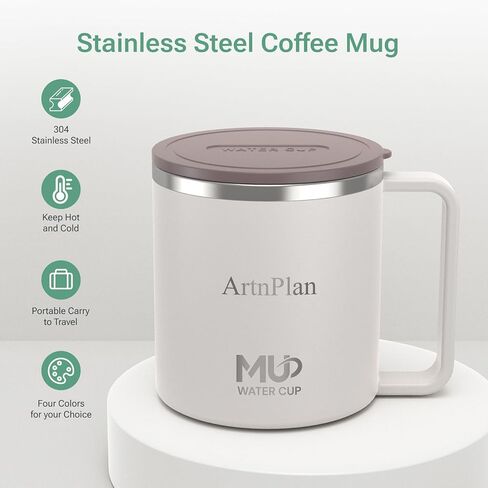 كوب قهوة معزول بغطاء سعة 14oz، كوب قهوة من الفولاذ المقاوم للصدأ بمقبض، كوب مفرغ مزدوج الجدار، كوب مانع للتسرب، مشروبات ساخنة وباردة، كوب سفر كهدية عيد الميلاد، السيارة، المكتب، التخييم in Kuwait