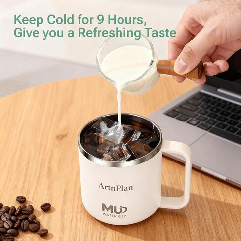 كوب قهوة معزول بغطاء سعة 14oz، كوب قهوة من الفولاذ المقاوم للصدأ بمقبض، كوب مفرغ مزدوج الجدار، كوب مانع للتسرب، مشروبات ساخنة وباردة، كوب سفر كهدية عيد الميلاد، السيارة، المكتب، التخييم in Kuwait
