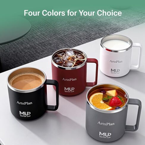 كوب قهوة معزول بغطاء سعة 14oz، كوب قهوة من الفولاذ المقاوم للصدأ بمقبض، كوب مفرغ مزدوج الجدار، كوب مانع للتسرب، مشروبات ساخنة وباردة، كوب سفر كهدية عيد الميلاد، السيارة، المكتب، التخييم in Kuwait