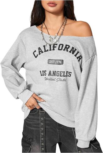 SHENHE Women's Off Shoulder Letter Graphic Baggy Sweatshirts Loose Y2k Long Sleeve Pullovers in Saudi Arabia