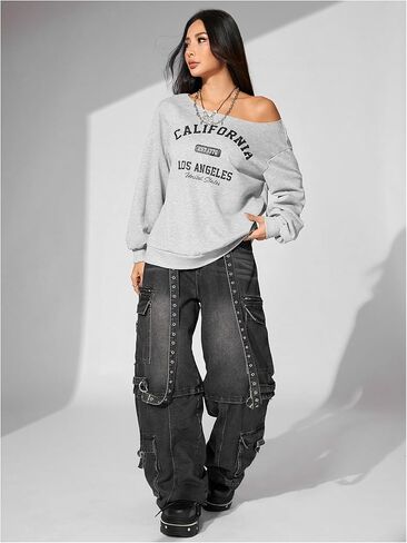 SHENHE Women's Off Shoulder Letter Graphic Baggy Sweatshirts Loose Y2k Long Sleeve Pullovers in Saudi Arabia