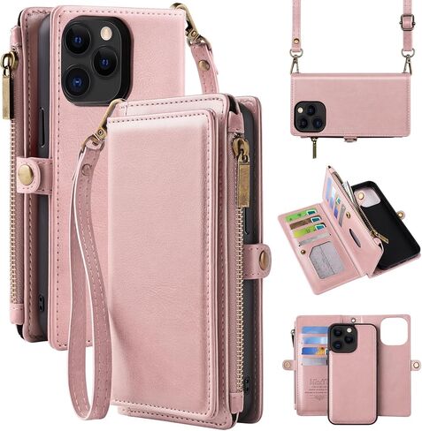 حافظة محفظة MInCYB لهاتف iPhone 13، غطاء جلد PU مغناطيسي قابل للفصل مع حزام للنساء والرجال. أسود in Kuwait