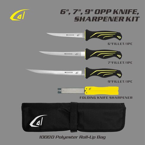 danco 3PC Fillet Knife Kit, 6",7",9" with Roll Bag & Folding Sharpener, Fish Fillet and Deboning Knives, Freshwater/Saltwater Fishing, Non-Slip Handle, Durable Roll Bag, Stainless Steel Blades in Saudi Arabia