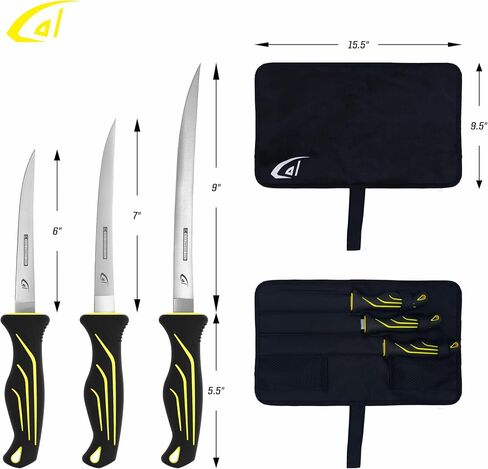 danco 3PC Fillet Knife Kit, 6",7",9" with Roll Bag & Folding Sharpener, Fish Fillet and Deboning Knives, Freshwater/Saltwater Fishing, Non-Slip Handle, Durable Roll Bag, Stainless Steel Blades in Saudi Arabia