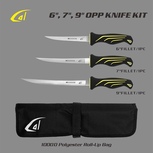 danco 3PC Fillet Knife Kit, 6",7",9" with Roll Bag & Folding Sharpener, Fish Fillet and Deboning Knives, Freshwater/Saltwater Fishing, Non-Slip Handle, Durable Roll Bag, Stainless Steel Blades in Saudi Arabia