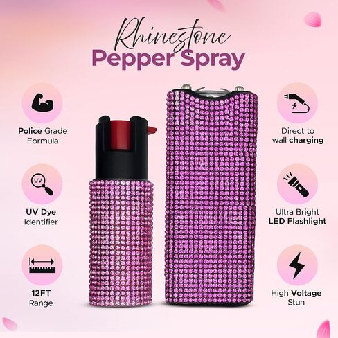 FURY Gem Stone Pepper Spray Stun Gun Combo – Stylish Multi-Color, 12ft Range, UV Dye Identifier, Flashlight, Rechargeable, Self-Defense Kit, Personal Safety, Rhinestone casing in Saudi Arabia