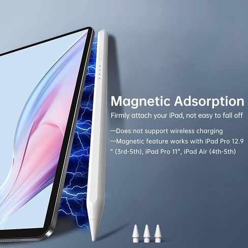 قلم ستايلس لجهاز iPad A16، (2018-2025) قلم Apple مع خاصية رفض راحة اليد، شحن سريع، حساسية للإمالة، لجهاز iPad 11/10/9/8/7/6th Generation، Pro 13"/12.9"/11"/M4، Air 7/6/5/4/3/M3، Mini 5th (أبيض) in Kuwait