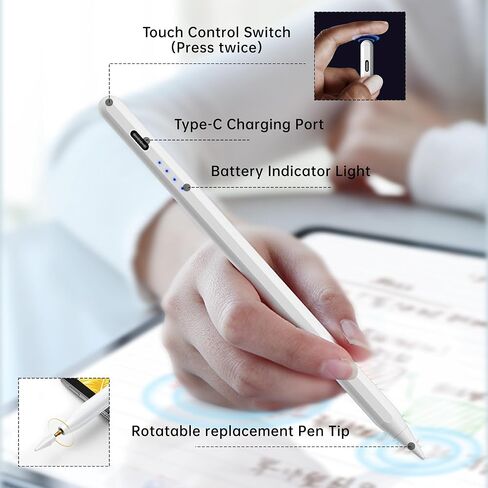 قلم ستايلس لجهاز iPad A16، (2018-2025) قلم Apple مع خاصية رفض راحة اليد، شحن سريع، حساسية للإمالة، لجهاز iPad 11/10/9/8/7/6th Generation، Pro 13"/12.9"/11"/M4، Air 7/6/5/4/3/M3، Mini 5th (أبيض) in Kuwait