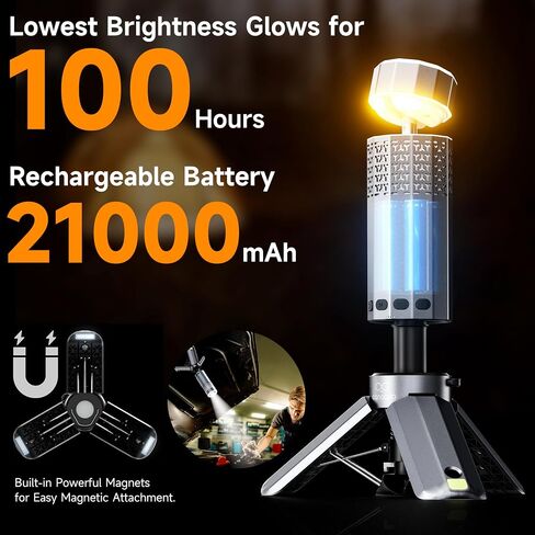 Rechargeable 21000mAh Camping Light, Telescopic Camping Lights, Collapsible Magnetic Camping Lantern with Stand IPX6 Waterproof Flashlights, Camping Lamp for Emergency, Hiking (Black) in Saudi Arabia