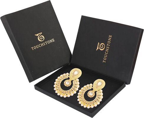Touchstone Indian Bollywood Chandbali Moon Kundan Polki Look Rhinestones Long Bridal Designer Jewelry Chandelier Earrings For Women In Gold Tone in Kuwait