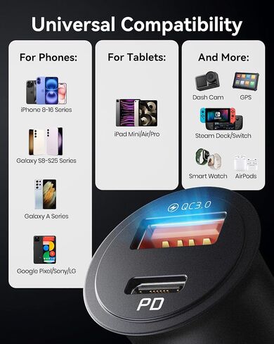 شاحن سيارة INIU، شاحن USB ولاعة السجائر إجمالي 60 وات، مقبس USB 12 فولت مع كابل [1 متر] 100 وات من النوع C شحن سريع، محول شحن هاتف السيارة لهاتف iPhone 17 16 أجهزة الكمبيوتر المحمولة Samsung Switch 2 ملحقات السيارة in Saudi Arabia