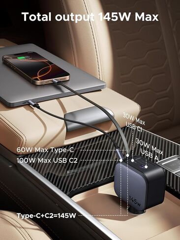 UGREEN 145W 4-Port Retractable Car Charger, 3C1A USB C Fast Charger with 60W Retractable Cable, Cigarette Lighter Adapter Compatible with MacBook Pro, iPhone 17/16, Galaxy S25/S24 Ultra, iPad, Laptop in Saudi Arabia