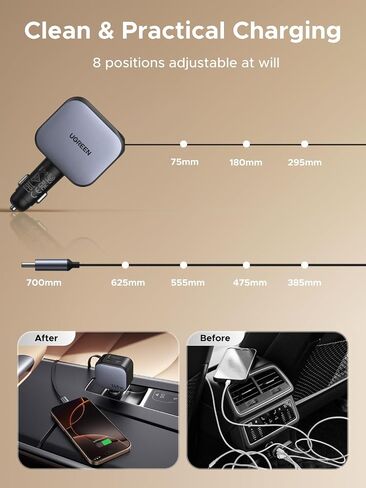 UGREEN 145W 4-Port Retractable Car Charger, 3C1A USB C Fast Charger with 60W Retractable Cable, Cigarette Lighter Adapter Compatible with MacBook Pro, iPhone 17/16, Galaxy S25/S24 Ultra, iPad, Laptop in Saudi Arabia