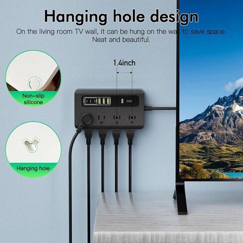 شريط طاقة مع USB، سلك تمديد مسطح للحماية من زيادة التيار بطول 6 أقدام مع 8 منافذ، 3 منافذ USB و3 أطراف من النوع C (5 فولت/3 أمبير)، موسع منفذ المكتب المنزلي (أسود) in Kuwait