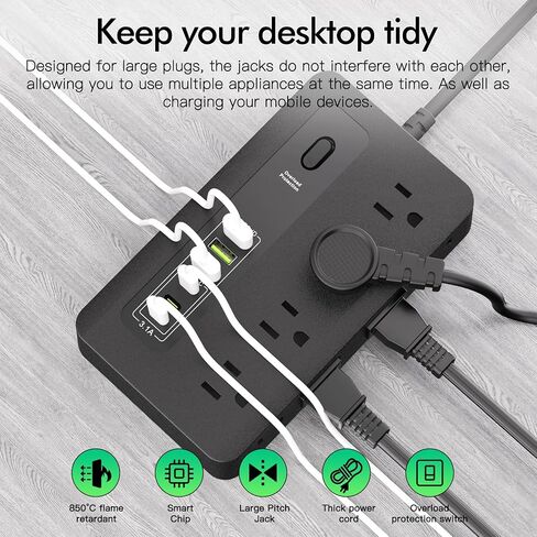 شريط طاقة مع USB، سلك تمديد مسطح للحماية من زيادة التيار بطول 6 أقدام مع 8 منافذ، 3 منافذ USB و3 أطراف من النوع C (5 فولت/3 أمبير)، موسع منفذ المكتب المنزلي (أسود) in Kuwait