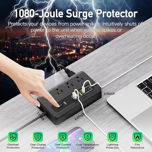 شريط طاقة مع USB، سلك تمديد مسطح للحماية من زيادة التيار بطول 6 أقدام مع 8 منافذ، 3 منافذ USB و3 أطراف من النوع C (5 فولت/3 أمبير)، موسع منفذ المكتب المنزلي (أسود) in Kuwait