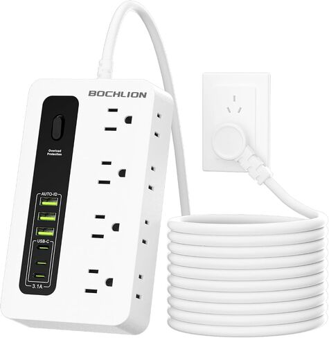 شريط طاقة مع USB، سلك تمديد مسطح للحماية من زيادة التيار بطول 6 أقدام مع 8 منافذ، 3 منافذ USB و3 أطراف من النوع C (5 فولت/3 أمبير)، موسع منفذ المكتب المنزلي (أسود) in Kuwait