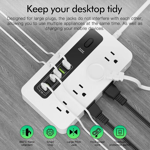 شريط طاقة مع USB، سلك تمديد مسطح للحماية من زيادة التيار بطول 6 أقدام مع 8 منافذ، 3 منافذ USB و3 أطراف من النوع C (5 فولت/3 أمبير)، موسع منفذ المكتب المنزلي (أسود) in Kuwait