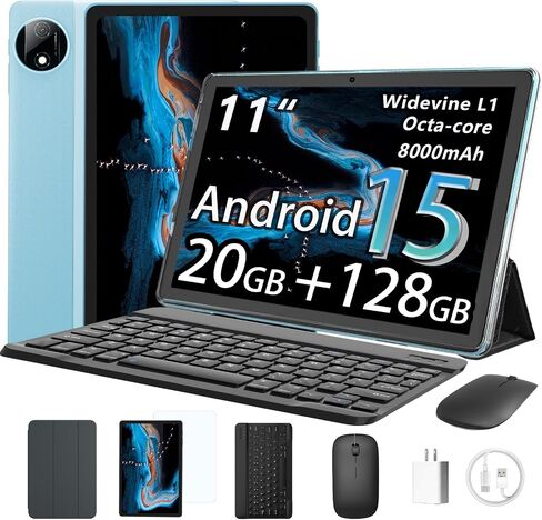 Tablet, 11-inch Android 15 tablets, 20GB+128GB+1TB expansion, Octa-core, 8000mAh large-capacity battery, 5G/2.4G WiFi6, GPS, Bluetooth 5.0, 5MP + 8MP dual cameras, Widevine L1, protective case - Black in Saudi Arabia