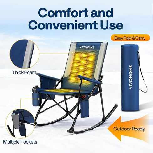 كرسي تخييم هزاز مبطن بقدرة 45 وات من VIVOHOME مع بنك طاقة بقوة 27000 مللي أمبير في الساعة، كرسي حديقة محمول كبير الحجم للرياضات الخارجية، 3 مستويات من الحرارة، نظام حماية من الحرارة الزائدة، أزرق داكن ورمادي in Saudi Arabia