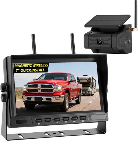 Magnetic Solar Wireless Backup Camera for Trailer: No Wiring 3 Mins Quick Install 7" HD 2-Split Monitor Rechargeable Battery IP68 Rearview Camera System for RV Truck Camper Horse Trailer Camera in Kuwait