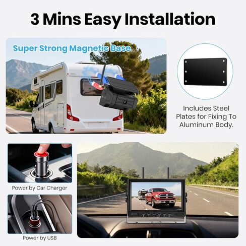 Magnetic Solar Wireless Backup Camera for Trailer: No Wiring 3 Mins Quick Install 7" HD 2-Split Monitor Rechargeable Battery IP68 Rearview Camera System for RV Truck Camper Horse Trailer Camera in Kuwait