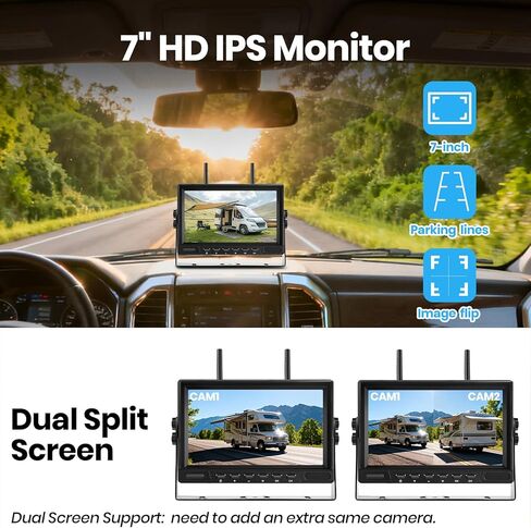 Magnetic Solar Wireless Backup Camera for Trailer: No Wiring 3 Mins Quick Install 7" HD 2-Split Monitor Rechargeable Battery IP68 Rearview Camera System for RV Truck Camper Horse Trailer Camera in Kuwait
