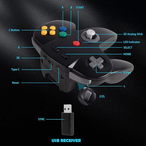 [USB Version] Classic N64 Controller, SAFFUN N64 Wired USB PC Game pad Joystick, N64 Bit USB Wired Game Stick for Windows PC MAC Linux Genesis Raspberry Pi Retropie Emulator [Plug & Play] (Black) in Kuwait