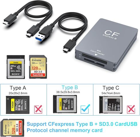 CFexpress Type B and SD Dual-Slot Memory Card Reader, 10Gbps USB 3.2 Gen 2 Type B CF Express Adapter Memory Card Reader with USB C to USB C/USB A Cable,Compatible with Windows/Mac/Linux/Android US in Kuwait