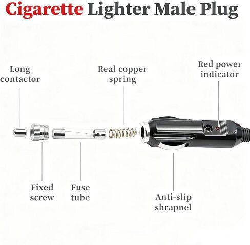 12AWG قابس ولاعة السجائر عالي التحمل ذكر إلى ذكر قابس محول ولاعة السجائر سلك شاحن مع مصابيح LED وصندوق الصمامات لمضخة الهواء العاكس للسيارة DIY (12 فولت/24 فولت، 30 أمبير) (3.3 قدم) in Saudi Arabia