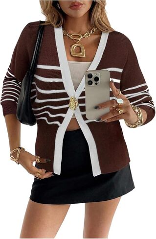 MakeMeChic Women's Striped Cardigan Metal Button Long Sleeve V Neck Y2K Sweater in Saudi Arabia