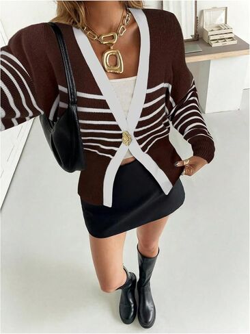 MakeMeChic Women's Striped Cardigan Metal Button Long Sleeve V Neck Y2K Sweater in Saudi Arabia