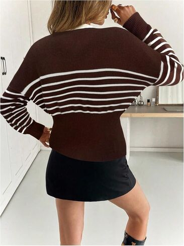 MakeMeChic Women's Striped Cardigan Metal Button Long Sleeve V Neck Y2K Sweater in Saudi Arabia