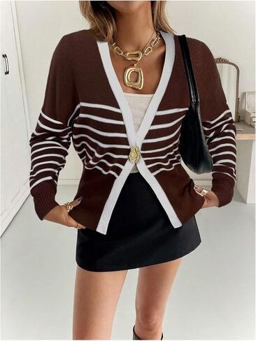 MakeMeChic Women's Striped Cardigan Metal Button Long Sleeve V Neck Y2K Sweater in Saudi Arabia