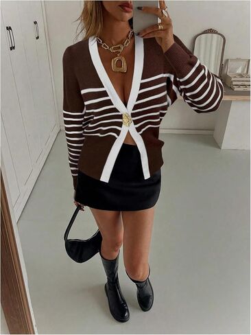 MakeMeChic Women's Striped Cardigan Metal Button Long Sleeve V Neck Y2K Sweater in Saudi Arabia
