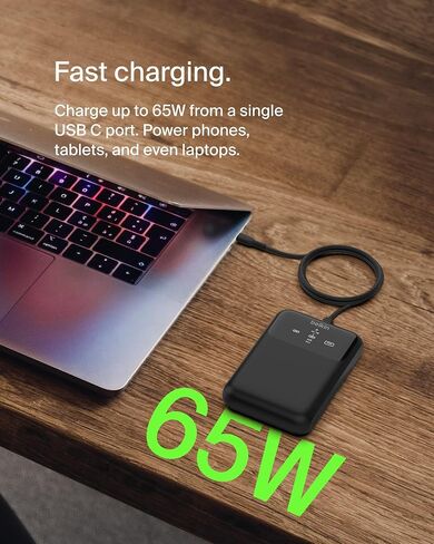 Belkin Portable Charger, 3-Port Laptop Power Bank 20000 mAh - USB-C & USB-A Ports, 65W iPhone Charger Fast Charging - MacBook, Apple iPhone 17, iPad, Samsung Galaxy S25, Nintendo Switch 2, etc - Black in Saudi Arabia
