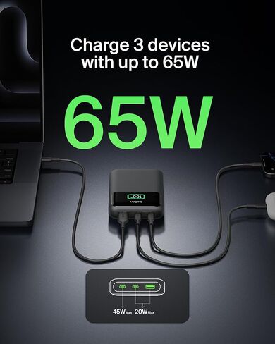 Belkin Portable Charger, 3-Port Laptop Power Bank 20000 mAh - USB-C & USB-A Ports, 65W iPhone Charger Fast Charging - MacBook, Apple iPhone 17, iPad, Samsung Galaxy S25, Nintendo Switch 2, etc - Black in Saudi Arabia