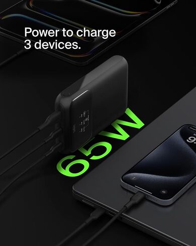 Belkin Portable Charger, 3-Port Laptop Power Bank 20000 mAh - USB-C & USB-A Ports, 65W iPhone Charger Fast Charging - MacBook, Apple iPhone 17, iPad, Samsung Galaxy S25, Nintendo Switch 2, etc - Black in Saudi Arabia