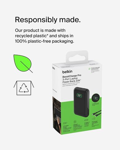 Belkin Portable Charger, 3-Port Laptop Power Bank 20000 mAh - USB-C & USB-A Ports, 65W iPhone Charger Fast Charging - MacBook, Apple iPhone 17, iPad, Samsung Galaxy S25, Nintendo Switch 2, etc - Black in Saudi Arabia