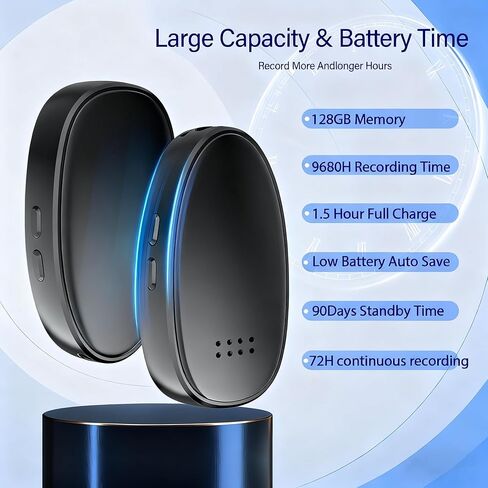 مسجل صوت 128 جيجابايت، مسجل صوت منشط مع تشغيل وتقليل الضوضاء بالذكاء الاصطناعي للمحاضرات والاجتماعات والمقابلات، متوافق مع الهاتف الذكي والكمبيوتر الشخصي in Kuwait