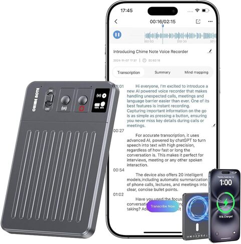 AI Voice Recorder - 64GB Voice Recorder with Free Transcribe & AI Summary by ChatGPT, APP & Web Control, 121 Languages, Wireless Charging, for Meetings/Calls in Saudi Arabia