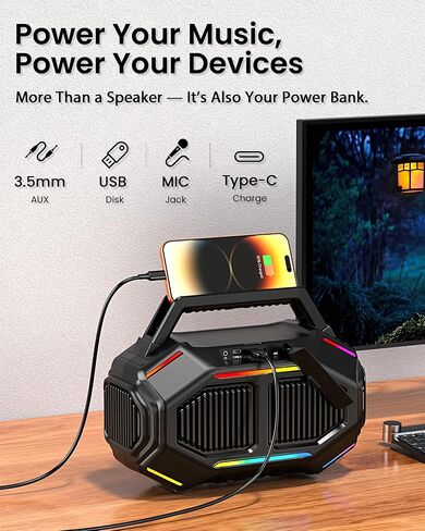 Bluetooth 6.0 Speakers Outdoor, 80W(Peak) Loud Speaker with Bass, 30H Playtime, IPX6 Waterproof, RGB Lights, BassUp 2.0, TWS, Portable Large Jobsite Speakers for Party, Garage in Saudi Arabia