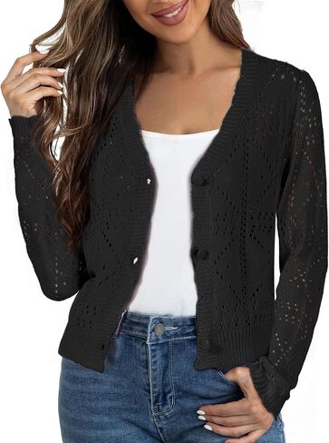 زر Allegra K Long Sleeve Long Women أسفل سترة متماسكة جوفاء خارج العنق. in Saudi Arabia