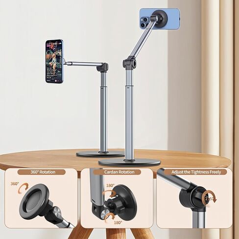 yAyusi Heavy Duty Aluminum Magnetic Overhead Tripod for iPhone, 12 in Long Phone Mount for Desk, Flexible Articulating Arm Overhead Phone Mount for Live Streaming, Meeting, Cooking in Saudi Arabia