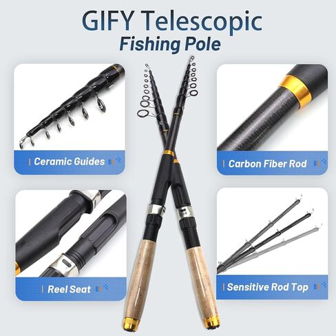 Fishing Rod and Reel Combo Kit 2PCS 5.9FT Telescopic Carbon Fiber Poles with Bag for Saltwater Freshwater, Travel Adults Beginners in Kuwait