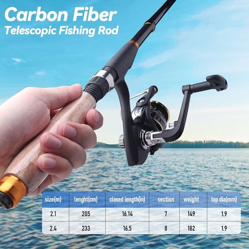 Fishing Rod and Reel Combo Kit 2PCS 5.9FT Telescopic Carbon Fiber Poles with Bag for Saltwater Freshwater, Travel Adults Beginners in Kuwait